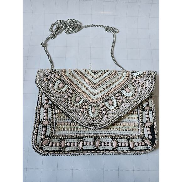 Beaded Clutch Purse Evening Bag Crossbody – Black Pink Cream Sequins Chain Strap - Picture 1 of 6